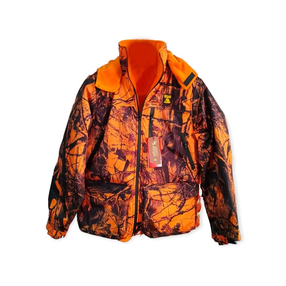Softshell Turuncu Orman Desenli Kamuflaj Kapşonlu Avcı Montu - XL