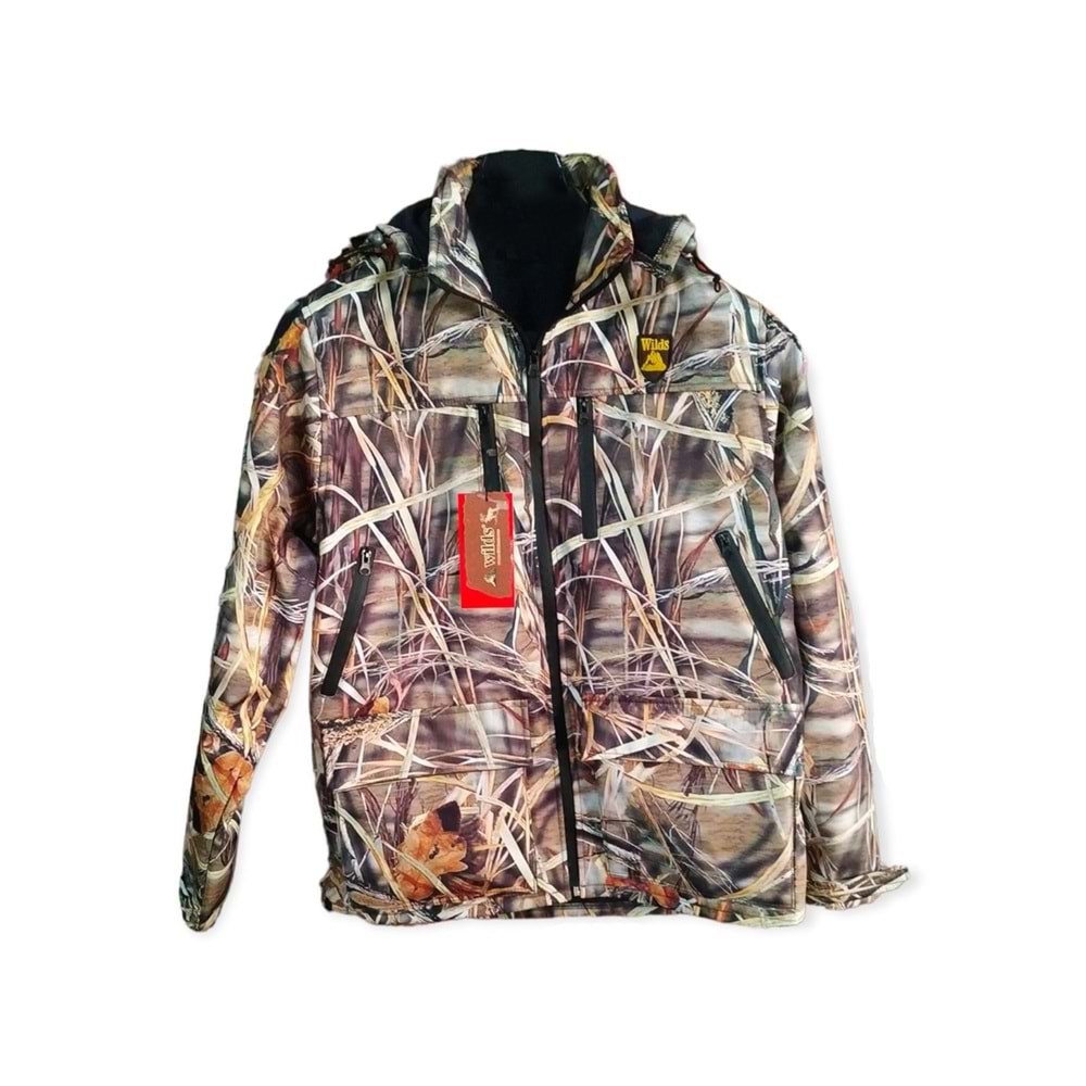 Softshell Sazlık Desenli Kamuflaj Kapşonlu Avcı Montu - M