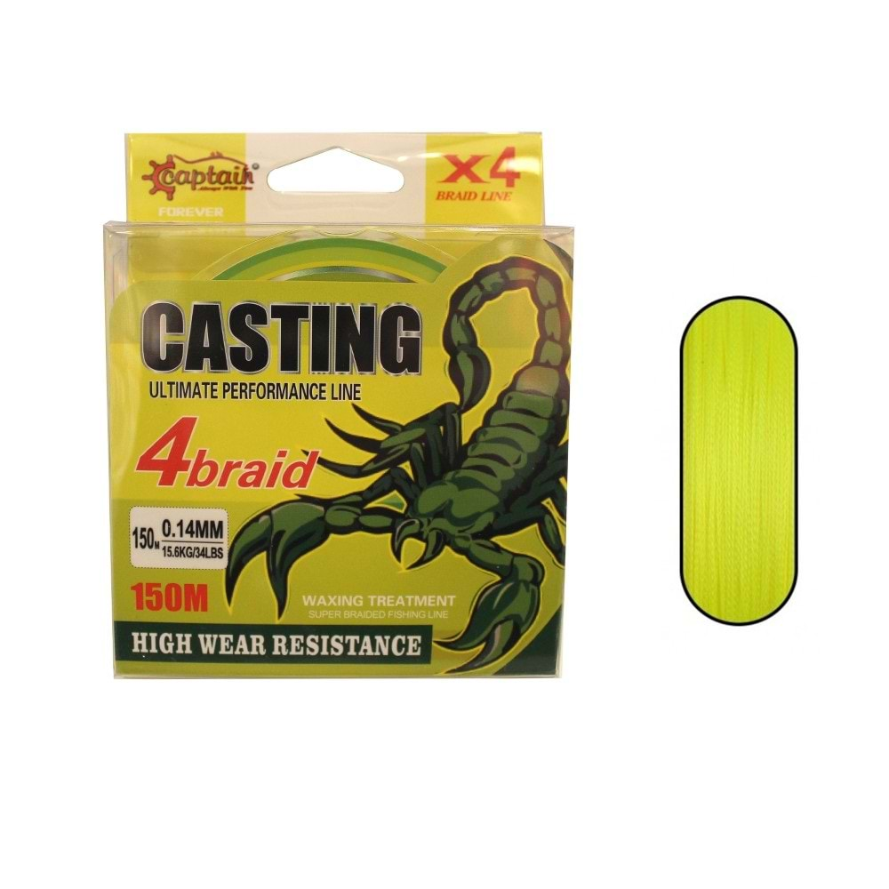 Captain Casting PE 4 Kat Spin İp Misina 150mt Sarı - 0.10MM