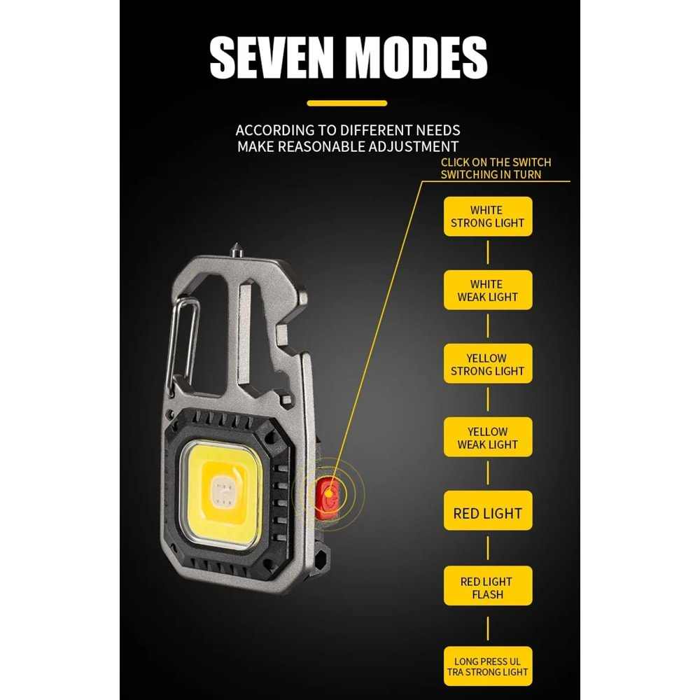 Keychain Light W5138 Cob Led USB Şarjlı Çok İşlevli Outdoor Survival Anahtarlık Fener