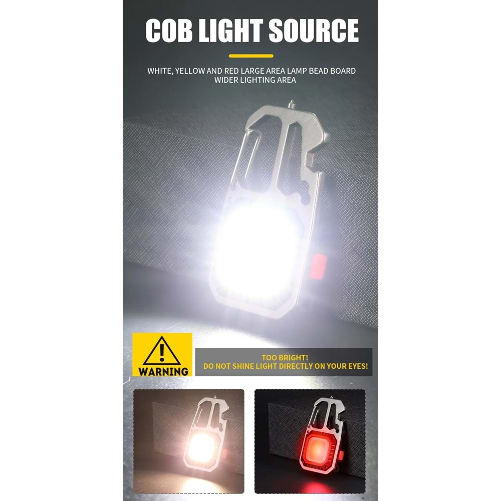 Keychain Light W5138 Cob Led USB Şarjlı Çok İşlevli Outdoor Survival Anahtarlık Fener