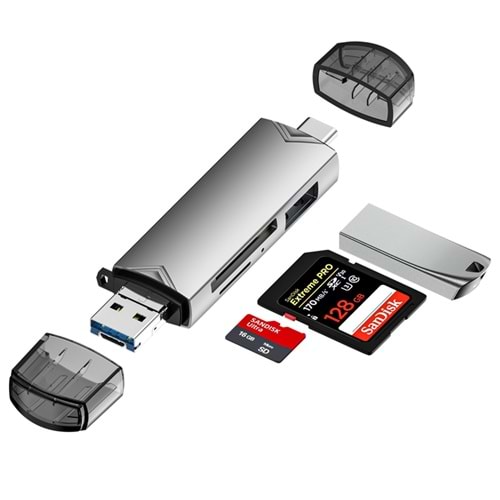 KART OKUYUCU TYPE-C+ USB 2.0 Hub - 1xSD, 1xMicroSD, 1xUSB Hub D-398