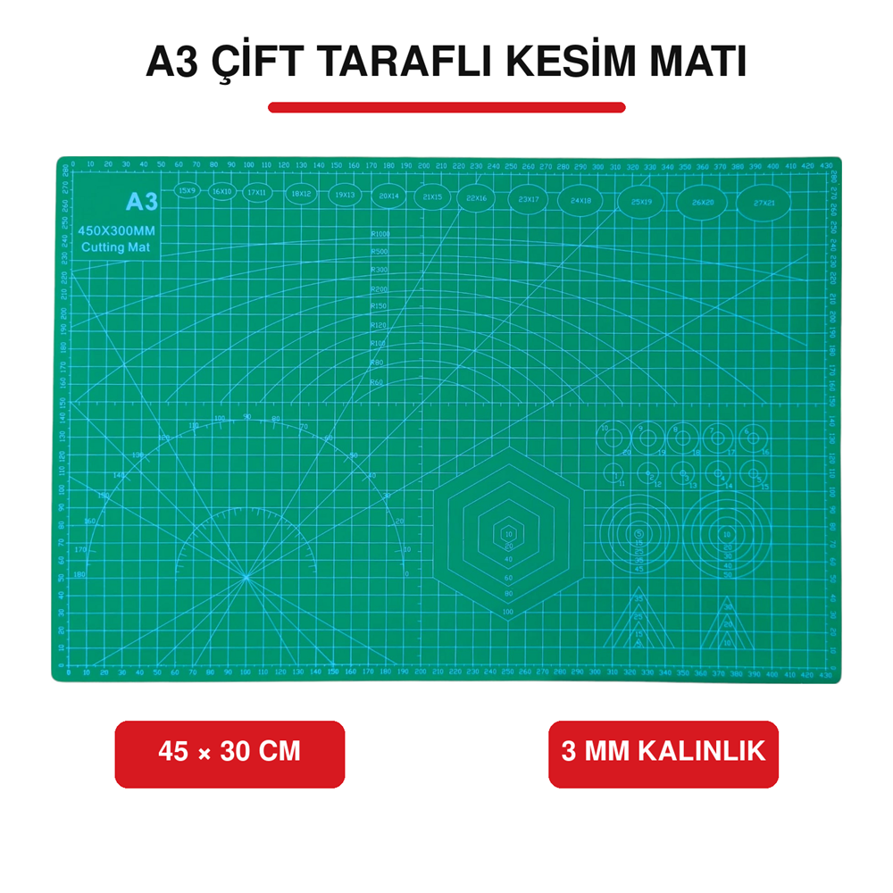 A3 Çift Taraflı Kesim ve Çizim Matı 45x30 cm 3 mm Kalınlık Ölçülü Kesim Altlığı