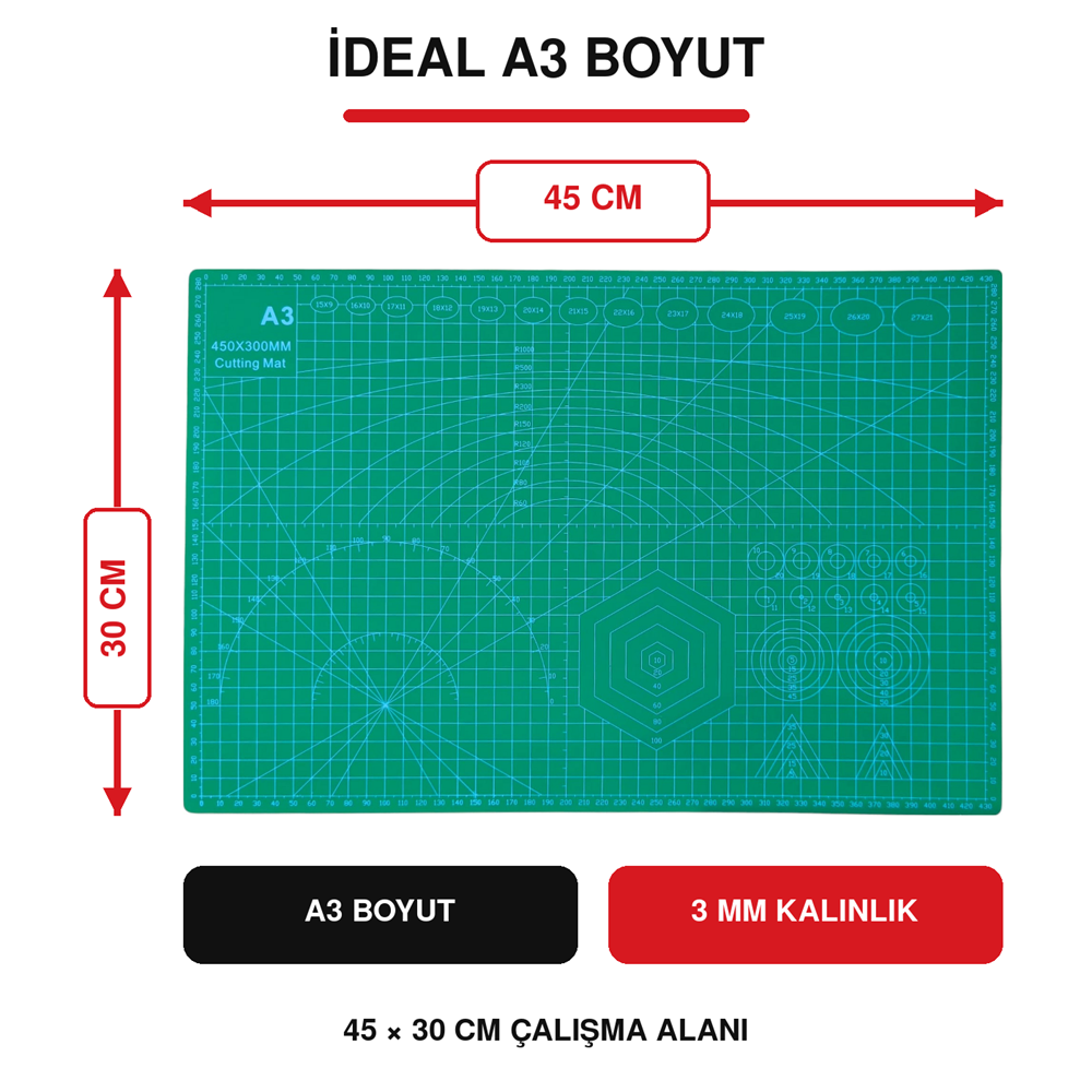 A3 Çift Taraflı Kesim ve Çizim Matı 45x30 cm 3 mm Kalınlık Ölçülü Kesim Altlığı