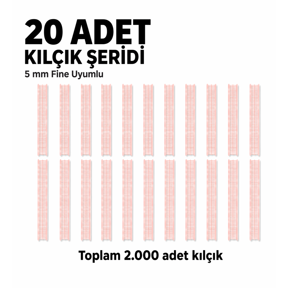Pembe İnce Kılçık Şeridi 5 mm 20 Adet Şerit 2.000 Adet Türban Tabancası Yedek Kılçık Seti