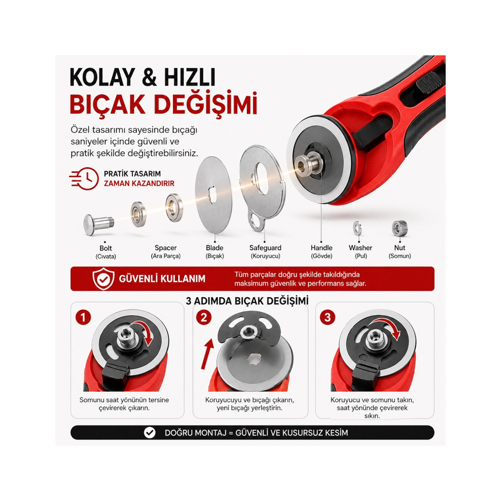 Döner Kumaş Kesici Rotary Cutter Patchwork Quilting Deri Keçe Vinil 45 mm