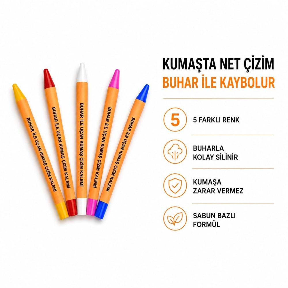 Buhar İle Uçan Kumaş Çizim Kalemi 5 Renk Silinebilir Sabun Kalem Seti