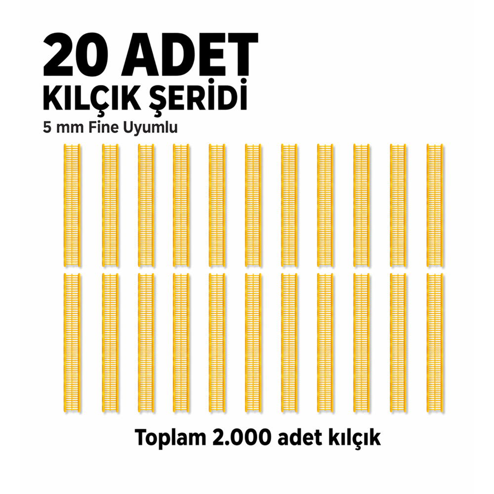 Sarı İnce Kılçık Şeridi 5 mm 20 Adet Şerit 2.000 Adet Türban Tabancası Yedek Kılçık Seti