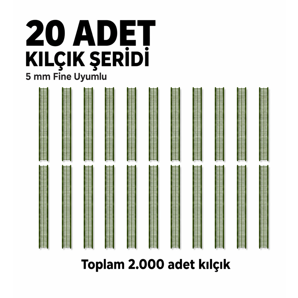 Yeşil İnce Kılçık Şeridi 5 mm 20 Adet Şerit 2.000 Adet Türban Tabancası Yedek Kılçık Seti