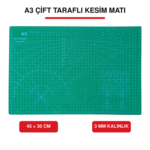 A3 Çift Taraflı Kesim ve Çizim Matı 45x30 cm 3 mm Kalınlık Ölçülü Kesim Altlığı